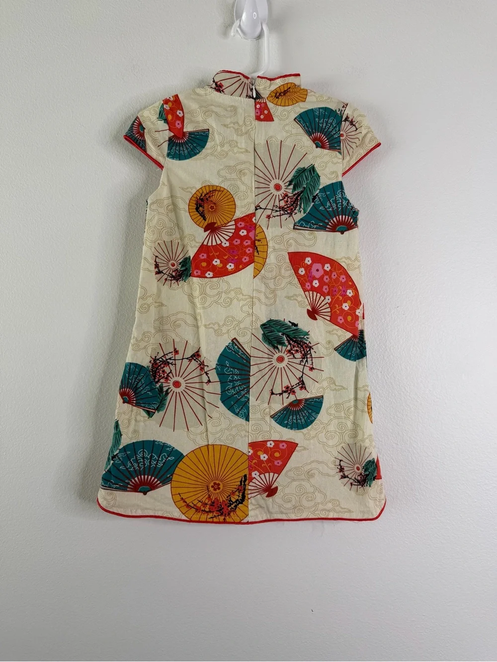 Toddler Asian Inspired Cheongsam Dress Red Gold Fan Print Size 3T Disneys Epcot‎